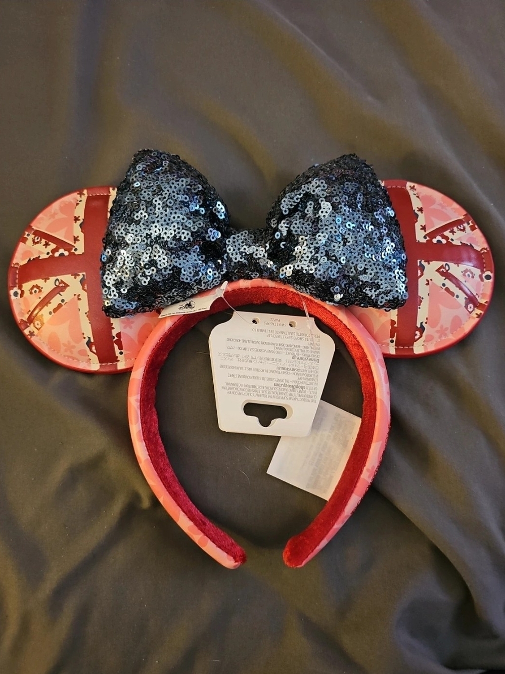 Minnie-Style Sequin Bow Headband - Black Bow, Pink Ears Uk Epcot Exclusive